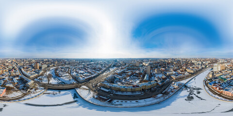 360 degrees aerial spherical panorama of winter day city view in Kharkiv
