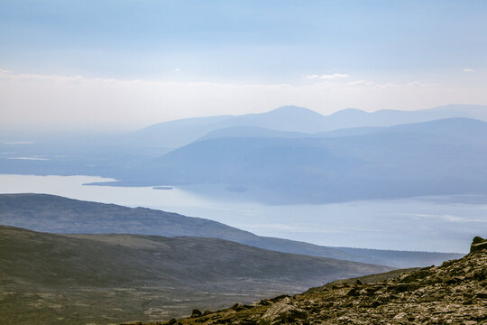 Blue sky Picturesque mountain landscape overlooking the lakes, Kola Peninsula Tersky District