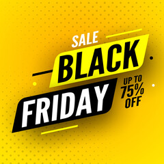 Black friday sale banner with shadow on yellow background, up to 70% off. Vector illustration.