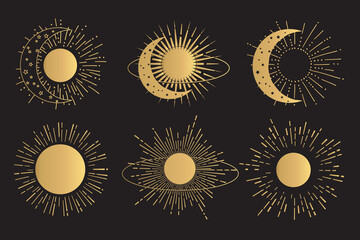 Hand Drawn Gold Half Moon and Sun Collection with Sunburst

