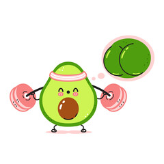 Cute funny avocado make squat gym with barbell and dream about strong butt. Vector cartoon kawaii character illustration icon. Isolated on white background. Avocado fruit workout character concept