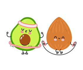 Cute funny almond make gym with jump rope and avocado with hula hoop. Vector flat line cartoon kawaii character illustration icon. Isolated on white background. Almond and avocado workout concept