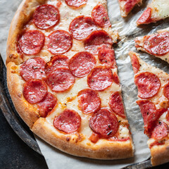 pizza salami pepperoni cheese fast food portion on the table cooking meal snack outdoor top view copy space for text food background rustic image