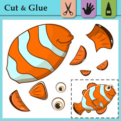 Paper game for kids. Create the applique cute Clown Fish. Cut and glue. Sea Fish. Education logic game for preschool kids. Worksheet activity perfect for scissor practice, fine motor, cutting skills.