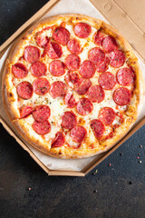 pizza salami pepperoni cheese fast food portion on the table cooking meal snack outdoor top view copy space for text food background rustic image