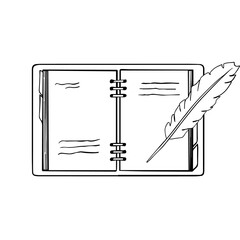 Line drawing of quill pen ink and stack of book. One line art concept of vintage brush pen signature and lettering. Vector illustration