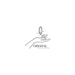 Logo design of hands with crystals. Modern template in trendy linear minimal style. Vector abstract emblem, symbol for tattoo design, cosmetics and packaging, jewellery, hand made or beauty products