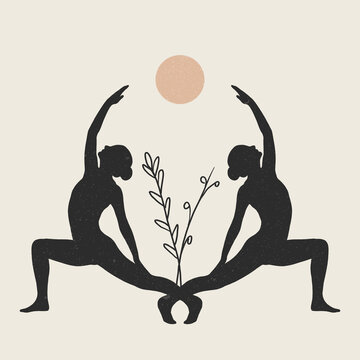 recommend clip art: Vector illustration silhouette of two women with leaves and moon. Modern minimalist mystical astrology aesthetic illustration. Beautiful bohemian print set. Collection of contemporary artistic posters