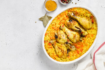 French onion chicken rice bake. Space for text, top view.