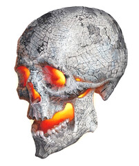 Realistic drawing of a human skull. Color illustration with a burning ash skull.