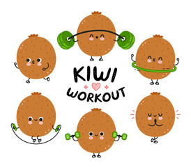 Cute funny kiwi make gym set collection. Vector flat line cartoon kawaii character illustration icon. Isolated on white background. Kiwi fruit workout character bundle concept