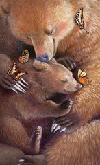 Mother bear hugs the bear cub. Realistic colored hand drawing. Detail of an illustration about motherhood. Mothers Day. © Анастасия Фирсова