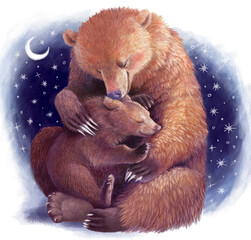 Mother bear hugs the bear cub. Realistic colored hand drawing. Illustration with stars about motherhood. Mothers Day.