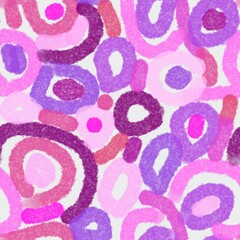 Dynamic composition of doodles in pink and purple shades for children's textiles.