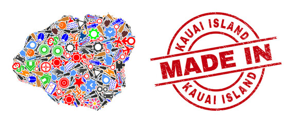 Production Kauai Island map mosaic and MADE IN distress stamp. Kauai Island map abstraction created with spanners, cogs, tools,, keys, vehicles, electricity strikes, helmets.