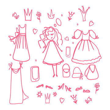 Cute set with a little princess. Vector doodle pictures, stylized dresses, shoes, handbags, phones, crowns and tiaras, flowers. Cartoon doodles in pink. Stock illustration.