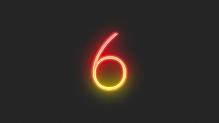 Realistic red and yellow neon number 6, on a black background