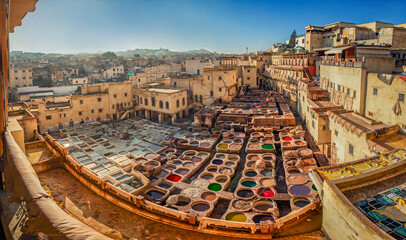 Panoramic view of the tannery Fez Morocco - obrazy, fototapety, plakaty