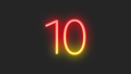 Realistic red and yellow neon number 10, on a black background