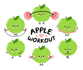 Cute funny apple make gym set collection. Vector flat line cartoon kawaii character illustration icon. Isolated on white background. Apple fruit workout character bundle concept