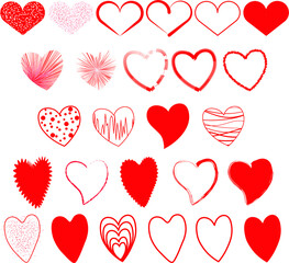 set of red hearts of various shapes on a white background, vector drawing