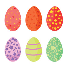 Festive Easter design, colored painted eggs with flat vector pattern, design of cards, banners, stickers 