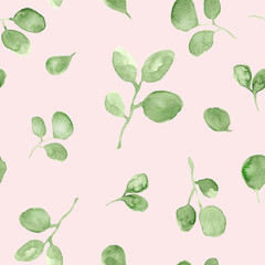 Hand drawn green leaves, foliage watercolor painting - seamless pattern on pink background