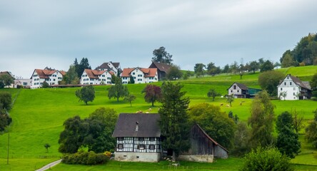 Fototapeta na wymiar Paisaje rural suizo de colinas y viviendas cerca de Zug