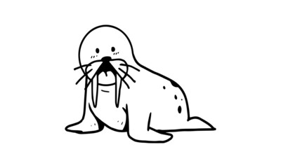 a cute walrus on the ground illustration. colorless stunned wildlife sea animal. illustration of animal and object for drawing and coloring. cartoon isolated on white background in vector design