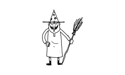 a witch holding a broom illustration. colorless cartoon for drawing and coloring activities. fun activity for kids development and creativity. object isolated on white background in vector design.