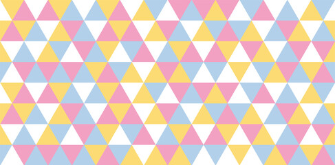 Fototapeta premium Simple cute abstract seamless pattern. Sweet pastel pink, yellow, blue and white triangle shapes. Geometric ornament for wallpaper, wrapping paper, print, textile design. Vector eps 10 illustration.
