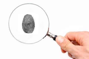Magnifying glass in hand and fingerprint isolated on white background