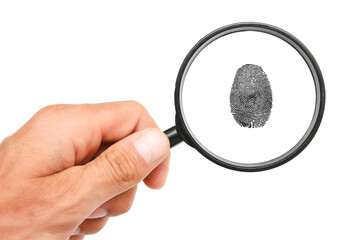 Magnifying glass in hand and fingerprint isolated on white background