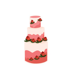 Wedding beautiful three-tiered pink cake with flowers, festive for a birthday. Flat vector illustration, isolated on white background. Design of invitations, cards, menus 
