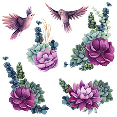 Set of Watercolor Floral Arrangements and Birds