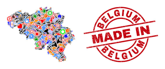 Development mosaic Belgium map and MADE IN textured rubber stamp. Belgium map mosaic composed with wrenches, cogs, screwdrivers, aviation symbols, cars, electricity strikes, details.