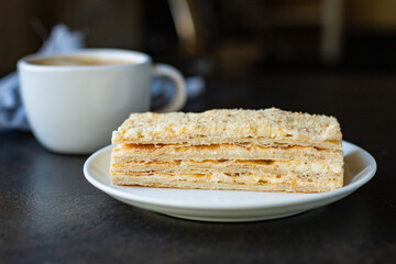 mille feuille cake layers cream napoleon dessert sweet piece top view copy space for text food background rustic image