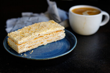 mille feuille cake layers cream napoleon dessert sweet piece top view copy space for text food background rustic image