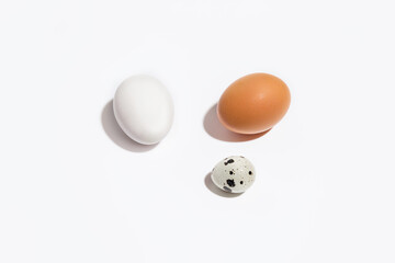 Three different eggs on a white background close - up . Chicken and quail eggs on a light background with shadows.