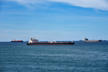Seascape panorama view with anchored ships.
