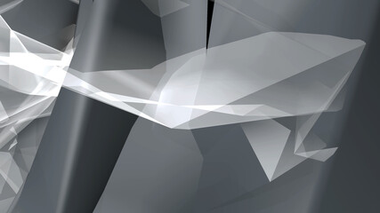 Abstract gray geometric shapes in 3d. The background is surreal with lines and forms.