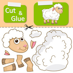 Cut and glue the paper Sheep. Create application the cartoon funny Lamb. Education riddle entertainment and amusement for children. Kids logic game, activities jigsaw. Preschool worksheet activity.