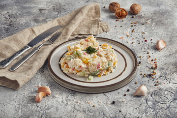 Salad with crab sticks, corn and eggs