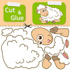 Cut and glue the paper Lamb. Create application the cartoon funny Sheep. Education riddle entertainment and amusement for children. Kids logic game, activities jigsaw. Preschool worksheet activity.