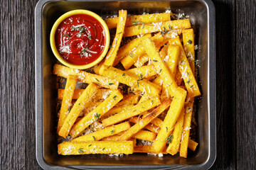 hot crispy baked polenta fries, top view