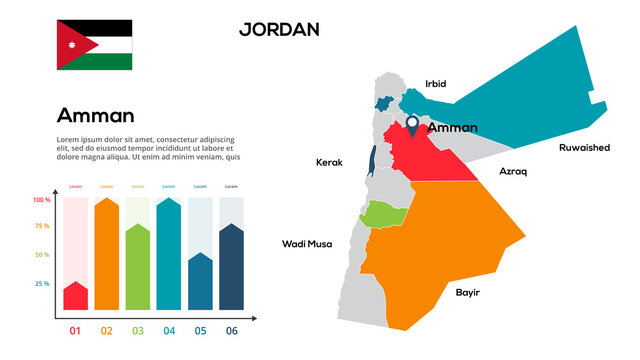 Jordan map. Vector image of a global map in the form of regions of Jordan regions. Country flag. Infographic timeline. Easy to edit