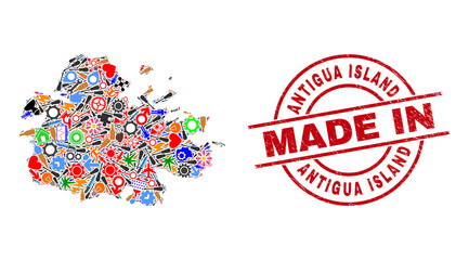 Industrial mosaic Antigua Island map and MADE IN scratched stamp seal. Antigua Island map collage created with wrenches, cogs, instruments, air planes, cars, electric sparks, details.