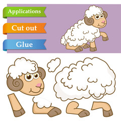 Create paper application the cartoon fun Mutton. Use scissors cut parts of Sheep and glue on paper. Education logic game for preschool kids to help with cutting, sticking and learning about animals.