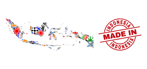 Obraz premium Education mosaic Indonesia map and MADE IN distress watermark. Indonesia map mosaic designed from spanners, cogs, tools,, keys, transports, power bolts, details.