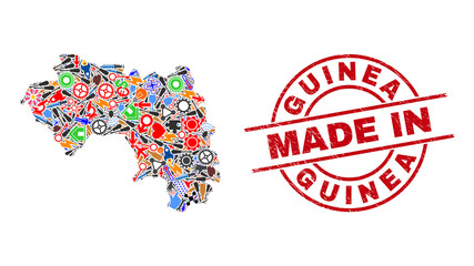 Technical Republic of Guinea map mosaic and MADE IN textured stamp. Republic of Guinea map collage designed with wrenches, gearwheels, instruments, air planes, cars, electric sparks, details.
